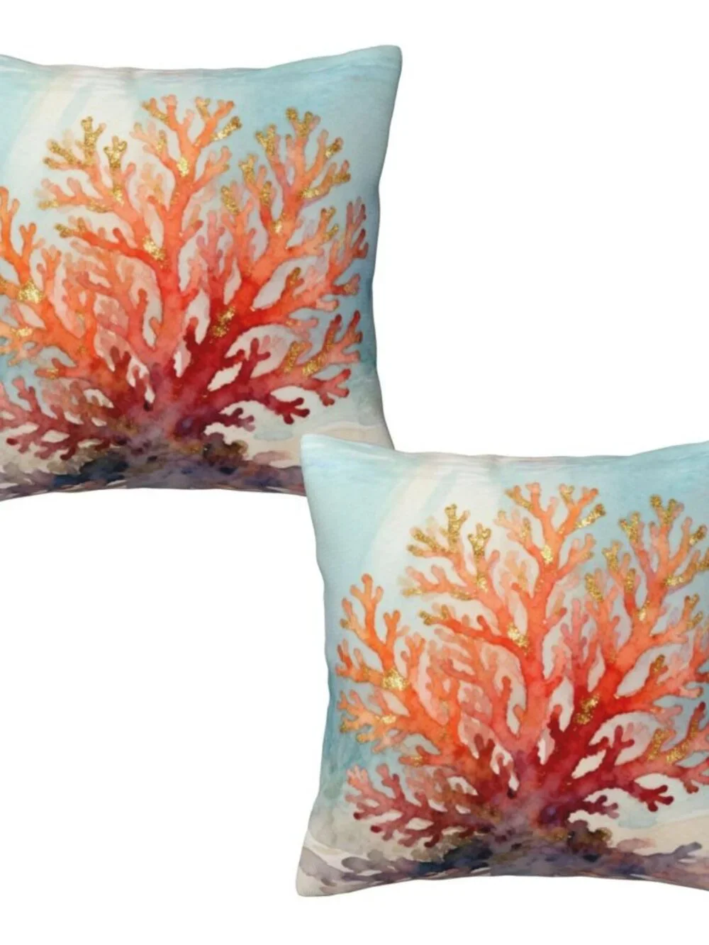Coastal Beach Coral Throw Pillow Covers 18x18 in Set of 2, Decor Decorative Blue